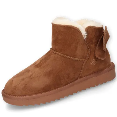 A single brown winter boot with a bow detail on a white background.