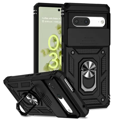 Immagine prodotto di Custodia per Google Pixel 7 a doppio strato con copertura scorrevole della fotocamera e supporto ad anello nero