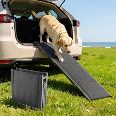 Produktbild von Hunderampe - Faltbare Hundeautorampe - 160 x 43,2 cm - Belastbar bis 113 kg - Rutschfeste Oberfläche - Tragbar - Für Kofferraum & SUV
