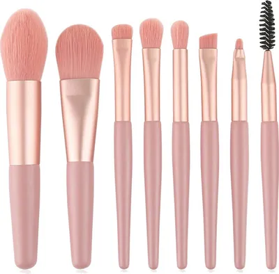 Produktbild von Make-up-Pinsel-Set, Mini-Pinsel, synthetisch, Foundation-Pinsel, Rouge, Verblenden, Lidschatten, Augenbrauen, Wimpern, Nasenschatten, Lippen, Rosa, 8-teilig