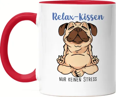 Produktbild von Anti-Stress Tasse Rot Meditation Lustig Spruch Ironie Hund Mops Geschenk-Idee Bürokollegen Chillen Yoga