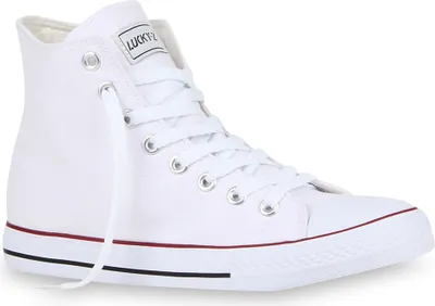 Produktbild von Mytrendshoe Herren High Top Sneakers Schnürer Sportschuhe 72046, Farbe: Weiß Rotstreifen Lucky, Größe: 36