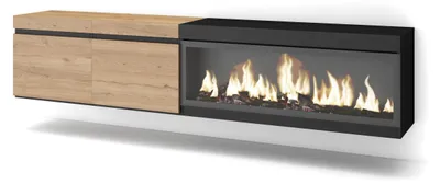TV-Lowboard 210 cm mit elektrischem Kamin, Eiche/Schwarz