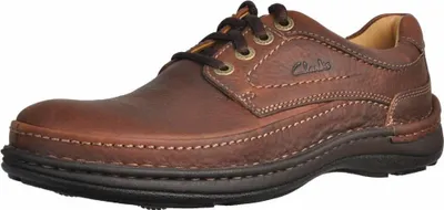 A single brown leather shoe is shown against a white background.