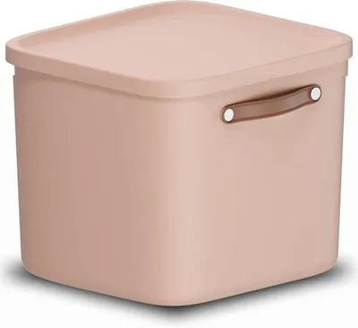 Imagen del producto de Caja de plástico pequeña, de 40 litros, color rosa, con dimensiones de 40x38x34 cm