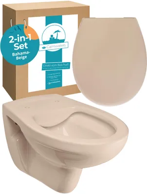 Produktbild von Calmwaters® Spülrandloses Hänge WC, Tiefspül WC aus Keramik, Komplettset mit WC Sitz mit Absenkautomatik in Beige-Bahamabeige, Waagerechter Abgang, WC Sitz aus antibakteriellem Duroplast, 99000190