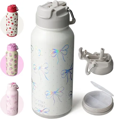 Productafbeelding van Drinkfles RVS 1 liter - Met rietje en pillendoosje - Geïsoleerd