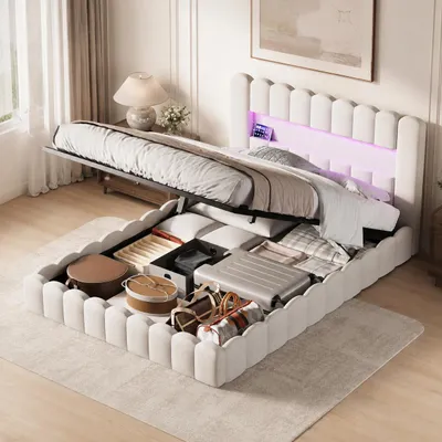 Produktbild von INONEFT Polsterbett Bubble Bett 140x200 cm mit Hydraulisch Stauraum, Jugendbett mit LED-Beleuchtung und USB Anschlüsse, Ohne Matratze, Leinen, Beige, KI-generiertes Bild