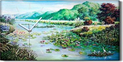 Produktbild von Dekor Leinwand Uhr Wandbilder 60x30 Gemälde Fluss Bäume Blumen Hügel Landschaft - weiße Hände