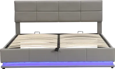Produktbild von Flieks Polsterbett mit LED, hydraulisches Boxspringbett 180x200cm mit Lattenrost und Stauraum, Doppelbett Holzbett Jugendbett Kunstleder, Hellgrau