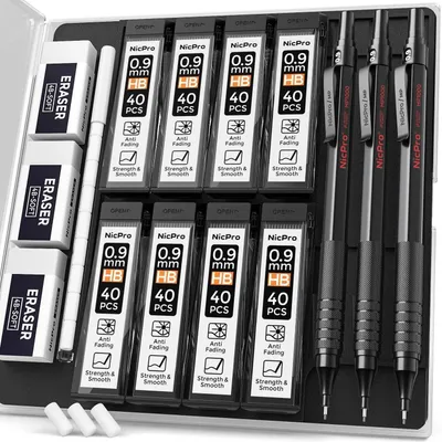 Produktbild von Druckbleistift-Set Metall 0,9 mm HB mit 320 Minen und Radiergummis