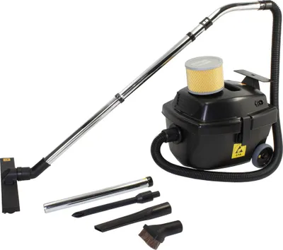 A wet/dry vacuum cleaner with various attachments and a spare filter, displayed on a white background.