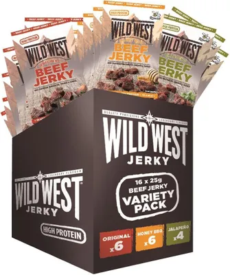 Produktbild von Wild West Beef Jerky Mix Box 25g - 16er Pack (16 x 25 g) Trockenfleisch vom Rind - Getrocknetes High Protein Dörrfleisch | beinhaltet 3 Sorten ORIGINAL, HONEY BBQ, JALAPENO