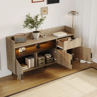 Image de OKWISH Buffet Moderne - Meuble de Rangement avec Tiroirs Silencieux et Étagères Ouvertes en Bois Naturel 160x35x82 cm