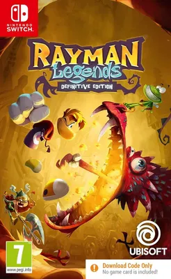 The image is a promotional graphic for the video game Rayman Legends Definitive Edition for Nintendo Switch. It features characters from the game and the game's title.