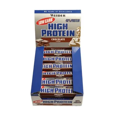 Obrázok produktu pre Weider 40% vysokoproteínová tyčinka s nízkym obsahom uhľohydrátov - 24 Riegel a 50g čokoláda