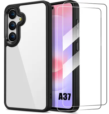 Image de Coque + 2 Verres Trempés pour Samsung Galaxy A37 5G, Silicone Noir avec Dos Transparent Rigide