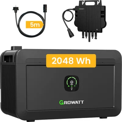 Produktbild von Balkonkraftwerk Speicher 2048Wh Growatt NOAH 2000 mit Growatt 800W Wechselrichter, 1800W PV-Eingangsleistung, IP66 Schutzstufe für Balkonkraftwerk