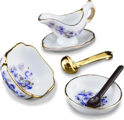 Produktbild von Soßengießer & Schüsseln Zwiebel Gold Miniatur Porzellan Set