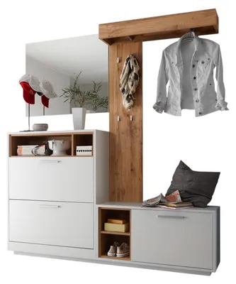 Produktbild von Kompaktgarderobe MERAN in weiß / Absetzung Wildeiche, (BxHxT) 177x195x32 cm