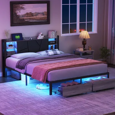 Image de Lit rembourré 140x200 avec LED & USB/Type-C - cadre métal et bois