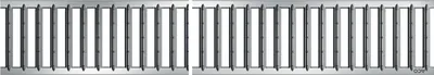 A close-up, straight-on view of a metal grate or drain cover, divided into two sections.