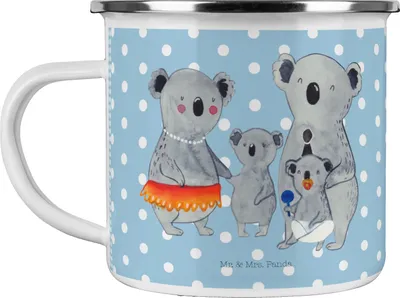 Produktbild von Mr. & Mrs. Panda Pott Koala Familie - Blau Pastell - Geschenk, Kinder, becher emaille, Teetasse, Mama, Family, Haferl, Tasse, Muttertag, Emailletasse