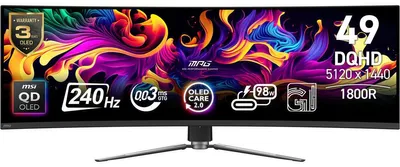 Obrázek produktu pro MSI MPG 491CQPXDE QD-OLED, 124,5 cm (49"), 5120 x 1440 px, Dual QHD, QD-OLED, 0,03 ms, Černá