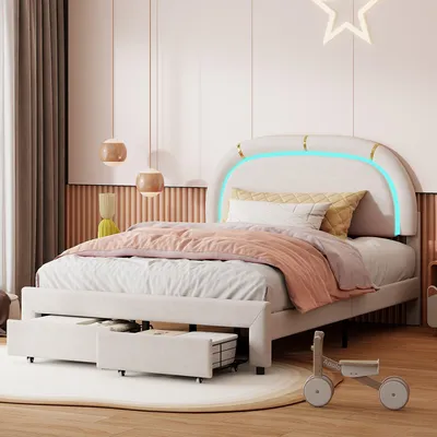Immagine prodotto di Letto matrimoniale 140x200 - Con spazio contenitore, 2 cassetti e testiera regolabile - Beige