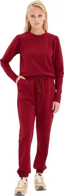 Immagine prodotto di Elegante abbigliamento da casa da donna, tuta da ginnastica, tuta da jogging, completo da casa a due pezzi, abbigliamento sportivo, rosso - M