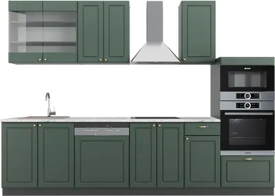 Produktbild von Küchenzeile Vicco Fame-Line Grün-Gold Landhaus/Anthrazit 300 cm mit Hochschrank, AP Marmor, Model 42113