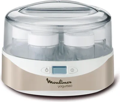 A Moulinex yogurt maker with glass jars inside, shown on a white background.