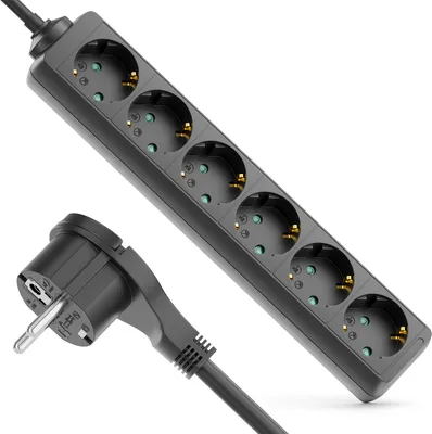 A black power strip with multiple outlets and a black plug is shown against a white background.