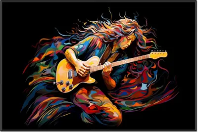 Produktbild von Wallario Wandbild Farbiges Gitarrenspiel, Größe: 61 x 91,50 cm, Poster mit schwarzem Aluminiumrahmen