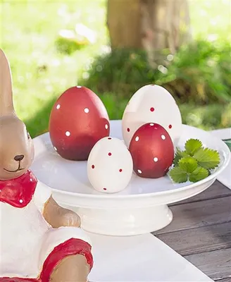 Image de 4 oeufs de décoration "petits points" en terre cuite, rouge / blanc, hauteur 7 + 10 cm, décoration de Pâques, set d'oeufs de Pâques