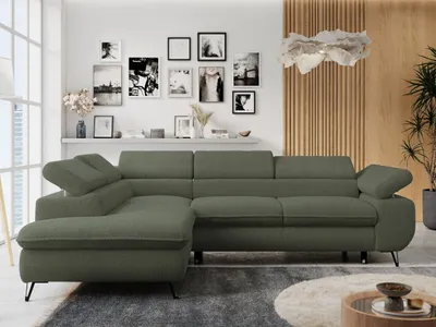 Produktbild von Ecksofa Sofa Grün, Wohnlandschaft L-Form mit Schlaffunktion und Bettkasten, Schlafsofa mit Bettkasten, Sofa mit Einstellbare Kopfstützen, Peter L - Grün Boucle - Links Grün