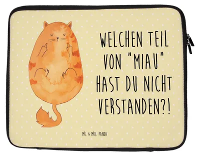 Produktbild von Mr. & Mrs. Panda Laptop Hülle Katze Mittelfinger 20 x 28 cm - Gelb Pastell - Geschenk, Laptoptasche, Case, Cats, Mietze, Tasche, Kater, Cat, Notebook, Katzen