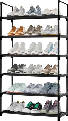 Zdjęcie produktu dla 6-poziomowy czarny metalowy stojak na buty na 12-18 par butów 28 x 43 x 112 cm - do przedpokoju, salonu, sypialni, garderoby