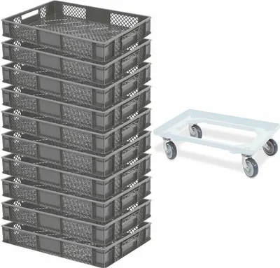 Produktbild von 10x Bäckerkiste / Euroboxen, LxBxH 600x400x90 mm, grau + Transportroller