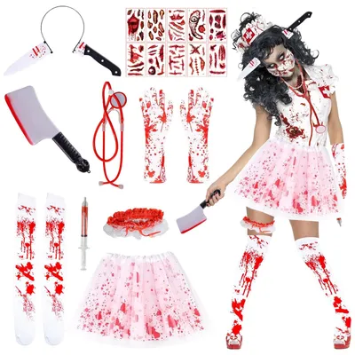 Zdjęcie produktu dla Strój pielęgniarki zombie z tiulową spódniczką i akcesoriami, idealny na Halloween