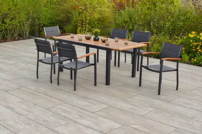 Produktbild von Merxx Gartenmöbel Set Paxos 7tlg., 6 Stapelsessel, Ausziehtisch 150 (200) x 90 cm- Aluminium/Akazie/Textil