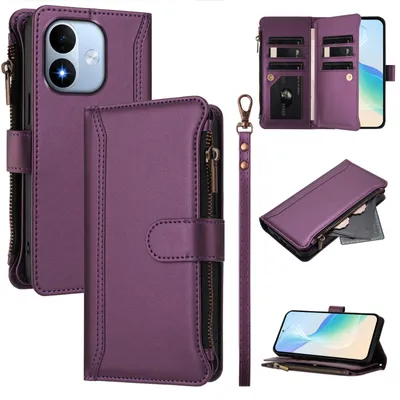 Obrázek produktu pro Pouzdro pro Xiaomi Redmi Note 17 4G, zipem, peněženkovéPolyuretankožené flip pouzdro s kapsami na karty, stojánkem a poutkem na ruku Fialová