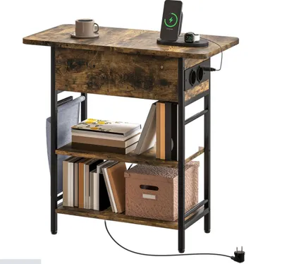 Produktbild von Beistelltisch, Nachttisch mit Steckdosenleiste, 2 Ebenen, USB-Anschlüssen Stauraum 60 x 29,8 x 58,5 cm