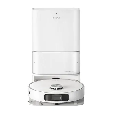 A white robot vacuum cleaner with its charging and emptying station.