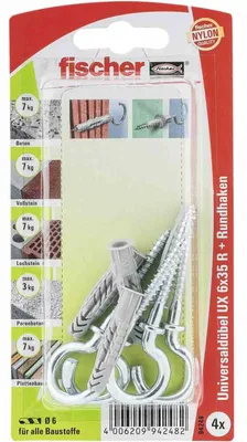 Produktbild von Fischer 4x Universaldübel UX 6x35 RH mit Rundhaken - 94248