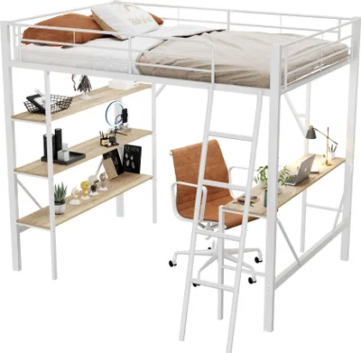 Produktbild von Hochbett mit Schreibtisch, Regal, Lattenrost und Rausfallschutz (90x200 cm) Metallbett, Jugendbett