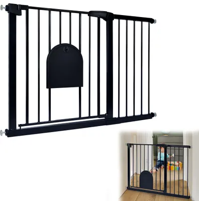 Image de Barrière de sécurité LARS360 Barrière d'escalier Barrière de sécurité sans perçage avec porte coulissante pour animaux domestiques Auto-Close 180° (105-115cm noir)