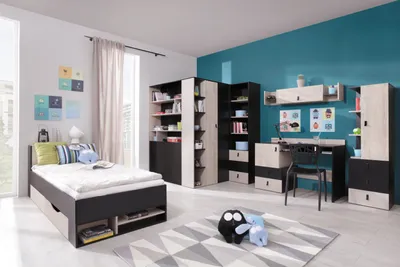 Produktbild von Jugendzimmer Kinderzimmer Komplett - Set F "Aalst", 6-teilig, Eiche / Creme / Schwarz