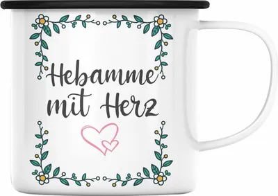 Produktbild von Trendation - Hebamme mit Herz Emaille Tasse mit Spruch Geschenk (Schwarz)