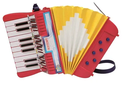 A red and yellow toy accordion with white keys and purple buttons, presented on a white background.